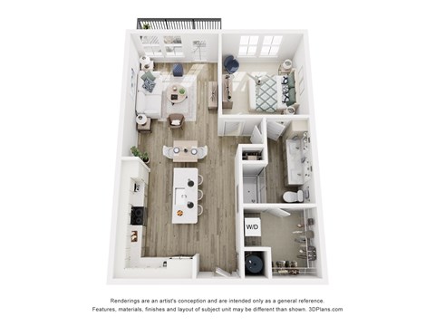 A 3D floor plan of Tapestry Beard Road - A2 1-bedroom 1-bathroom apartment